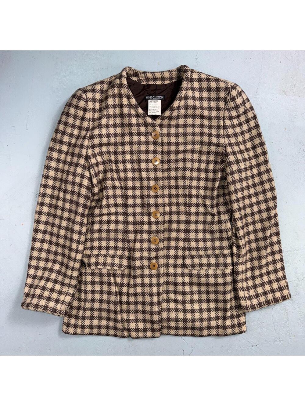 Giorgio Armani Jacket Women 42 VTG Brown Houndstooth V Neck Italy Cashmere Wool